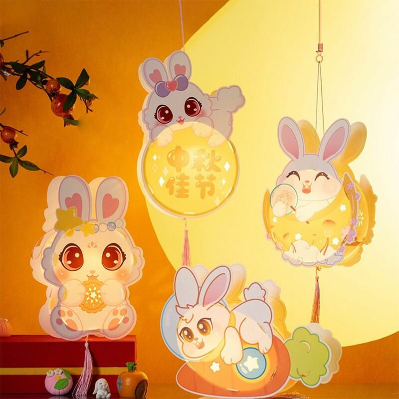 Lanterna luminosa chinesa do coelho do jade para crianças, feito à mão, lanterna DIY, jogo material, decoração dos desenhos animados PP, festival do outono médio
