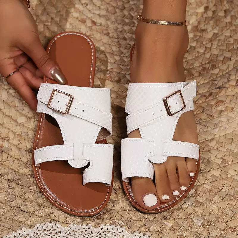 Zapatillas de playa planas con punta abierta para mujer, zapatos informales Retro, sandalias de talla grande, verano, 2024