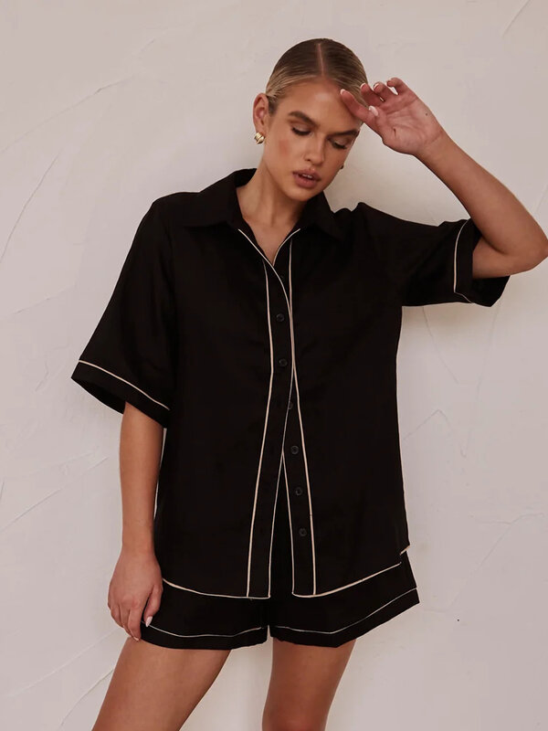 Marthaqiqi Casual Ladies Sleepwear Suit Turn-Down Collar Nightgowns Half Sleeve Nightwear Shorts Cotton Black Female Pajamas Set