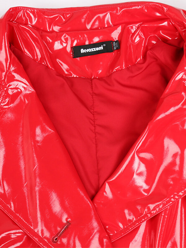 Nerazzurri 가을 여분의 긴 부드러운 빨간색 반사 반짝 이는 특허 가죽 트렌치 코트 여성 더블 브레스트 맥시 한국 패션