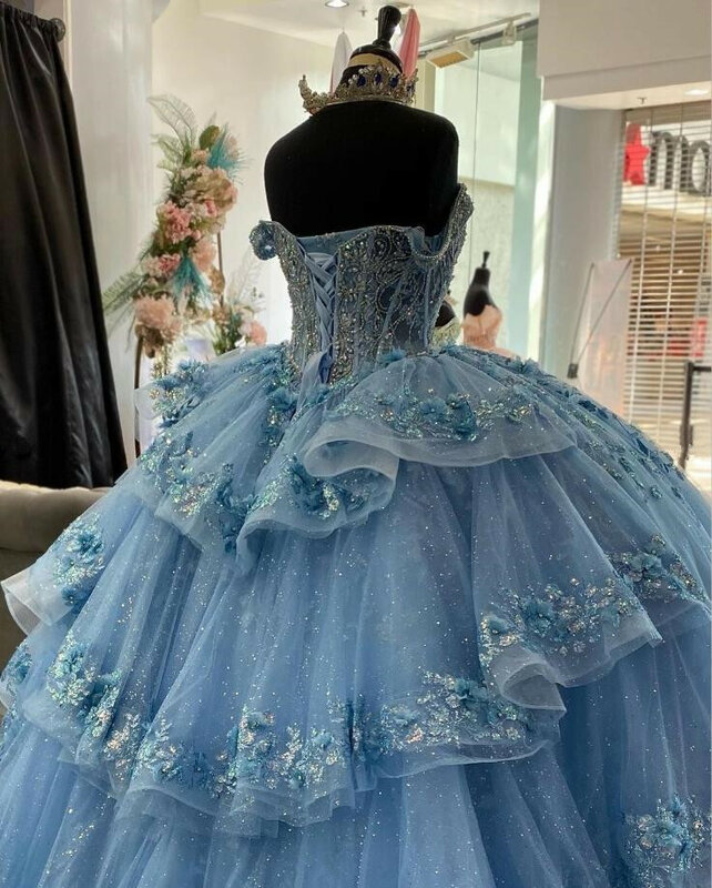 Hellblaue Fee Prinzessin Quince anera Kleider Rüschen funkelnde Zug applikation Knochen vestidos de Quinceañera de Lujo süß 15