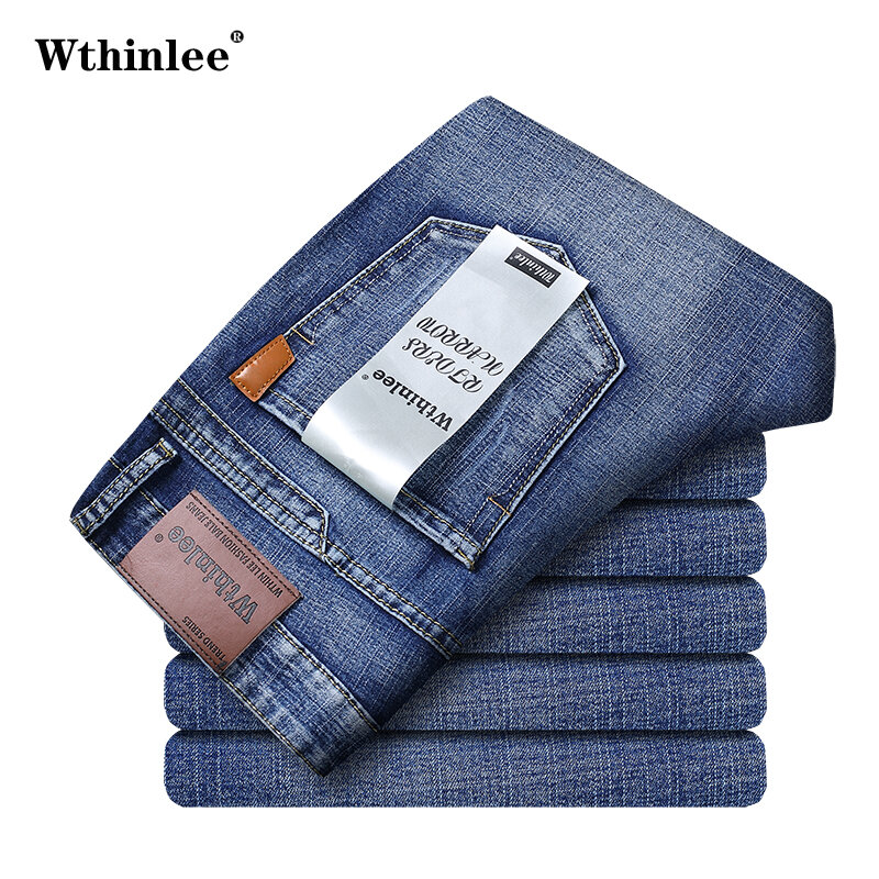 Celana Jeans bisnis pria kasual lurus melar modis klasik biru kerja celana Denim pria merek WTHINLEE pakaian ukuran 28-40