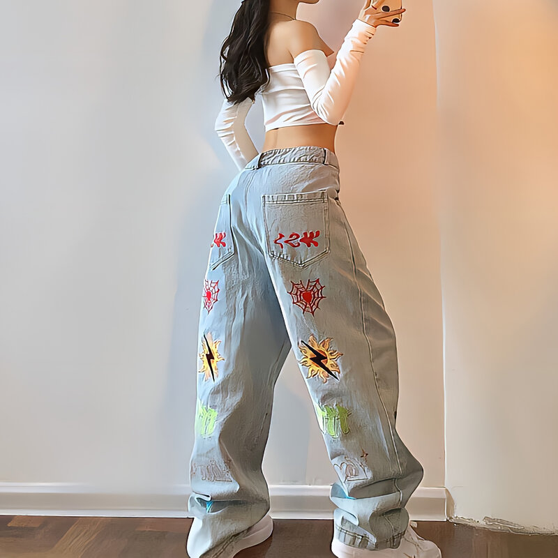 American style straight jeans female hip-hop style streetwear star brushed graffiti denim trousers loose slim wide-leg trousers