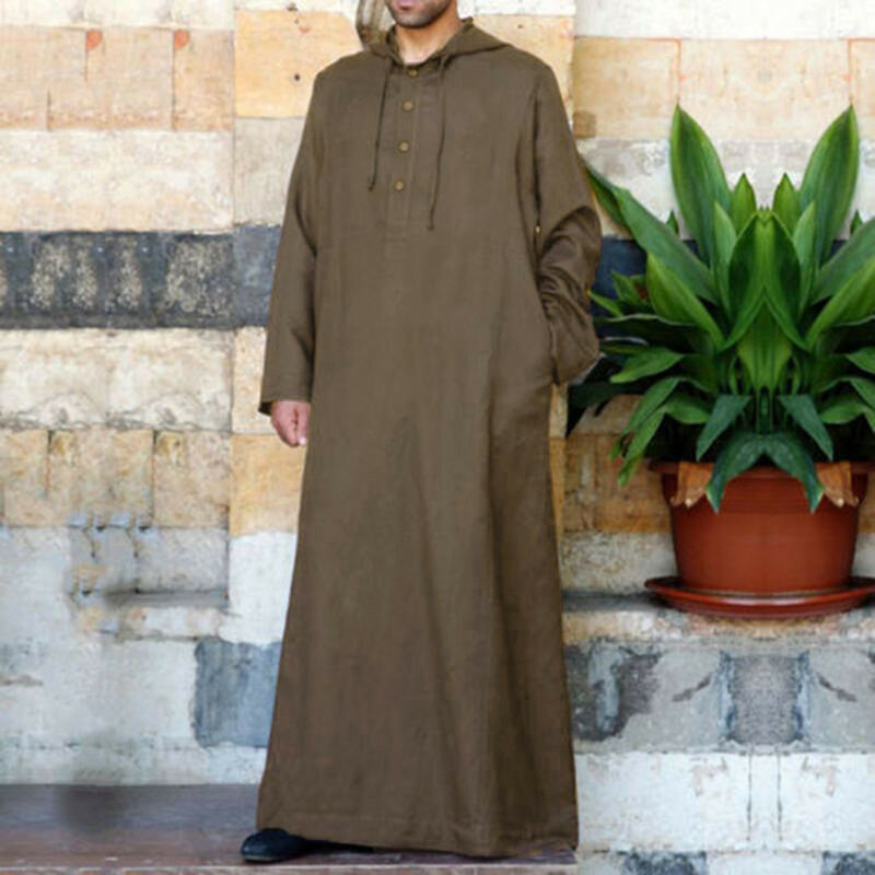Мусульманский мужской Jubba Thobe с длинным рукавом, дышащий Халат с капюшоном, мужской Халат Thobe, свободный Дубай, Саудовский, Арабский кафтан, однотонная мужская одежда