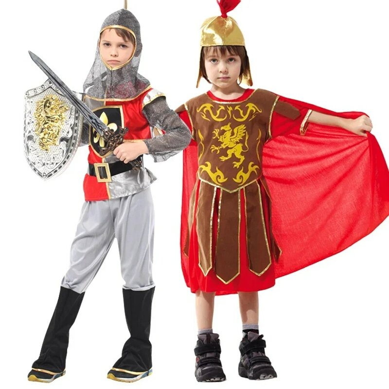 Disfraces de Cosplay de caballero Guerrero real para niños, soldado romano Medieval con capa, fiesta sin arma