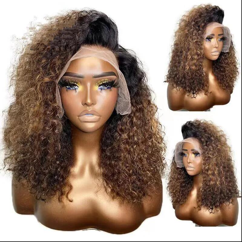 180%Density Long Soft 26Inch Ombre Brown Kinky Curly Deep Lace Front Wig For Women BabyHair Glueless Preplucked Heat Resistant