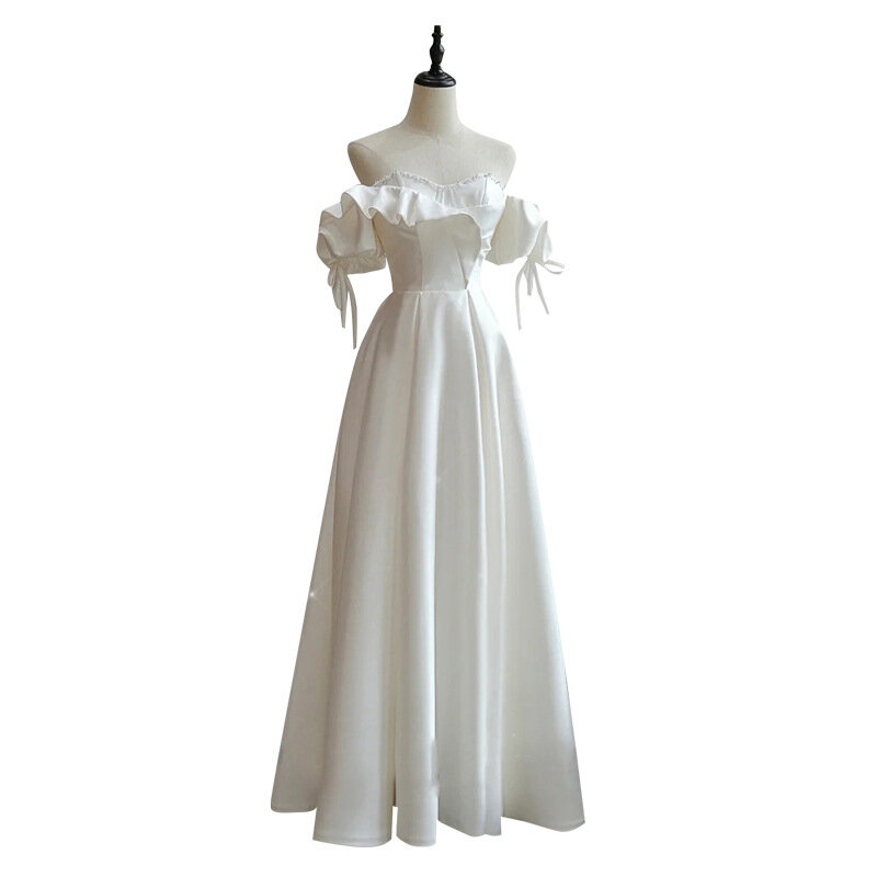 Romantic French Satin Formal Dress Strapless White Beading Pearls Floor-Length Party Gowns Elegant Women's Celebrity Dresses