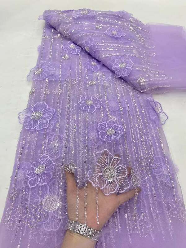Kain renda manik-manik Afrika 2024 kualitas tinggi renda jala bordir bunga 3D kain payet Prancis untuk menjahit gaun wanita
