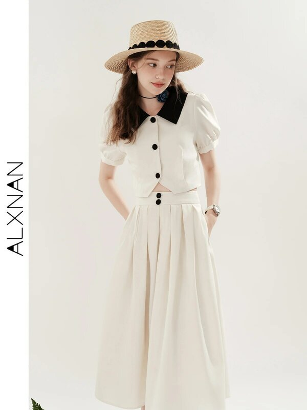 ALXNAN Women's Shirt And Dress Suit 2024 Summer French Loose Waist A-LINE Cardigan Lapels Female Ankle-Length Dresses TM00105