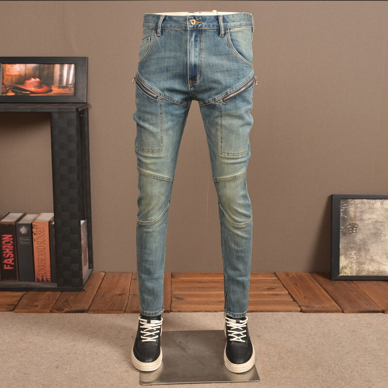 Street modne dżinsy męskie Retro sprany niebieski chudy krój spleciony jeansy dla motocyklistów zamek błyskawiczny Homme projektant Hip Hop spodnie dżinsowe mężczyzn