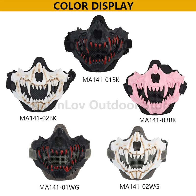 Masque facial Airsoft à mailles en acier, demi-masque de protection respirant, avec dents de Vampire, accessoires d'horreur, pour Halloween, nouveauté 2022