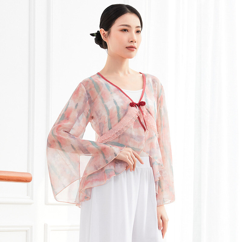 Baju Tari Klasik Baru Baju Latihan Panggung Kain Kasa Wanita Kardigan Tari Rakyat Tiongkok Atasan Antik Lengan Lebar Leher V