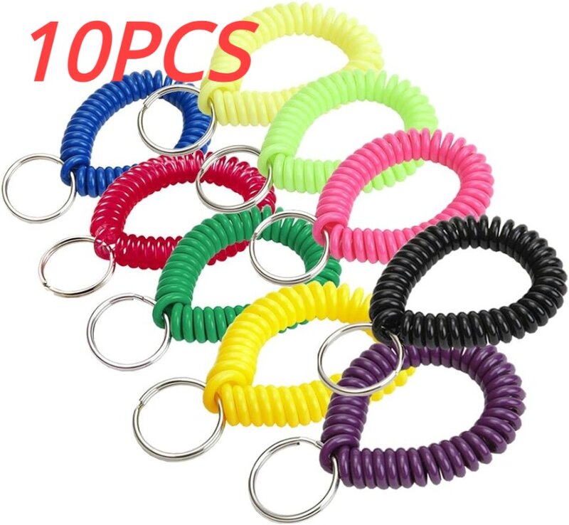 10pcs Lucky Line 2” Spiral Wrist Coil with Steel Key Ring, Multi-Color Flexible Wrist Band Key Chain Bracelet, Stretches to 12”,