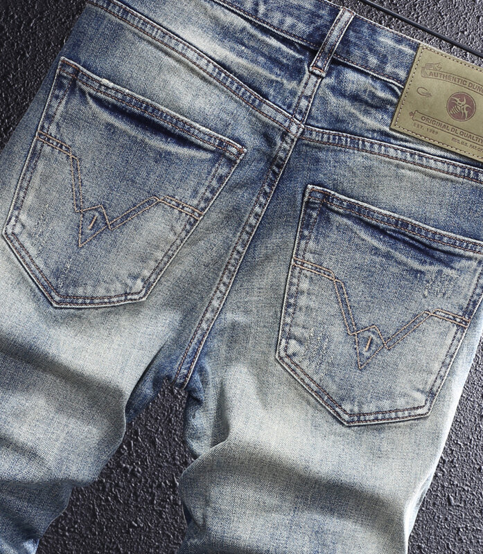 Estilo italiano Moda Masculina Jeans de Alta Qualidade Retro Azul Elastic Slim Fit Jeans Rasgado Homens Calças Do Vintage Designer Denim Calças