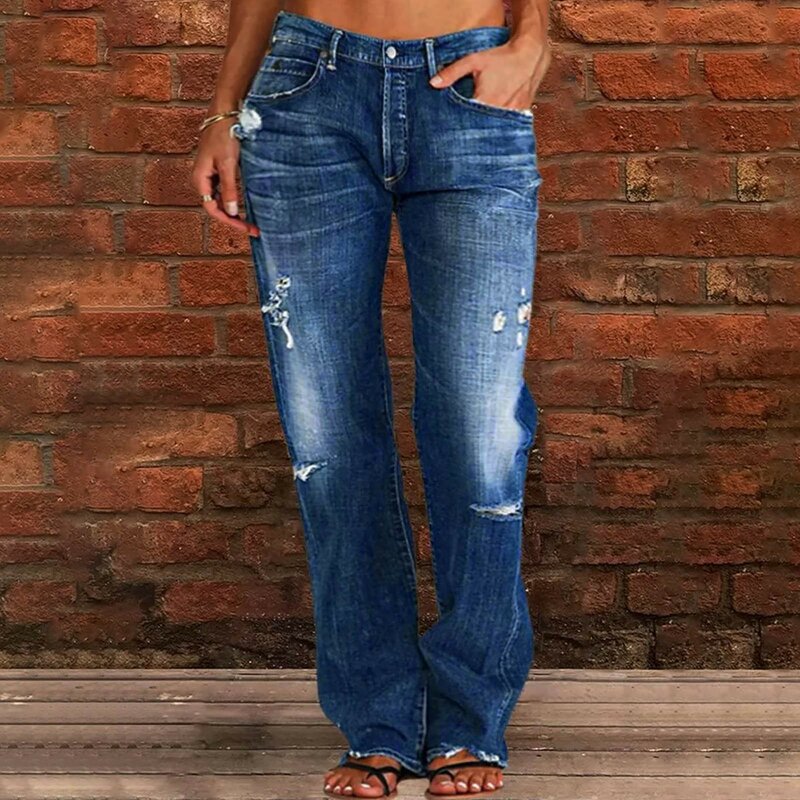 Jeans a gamba dritta per donna pantaloni Cargo a vita alta orlo strappato Jeans a vita bassa Jeans elasticizzati a vita alta Pantalones