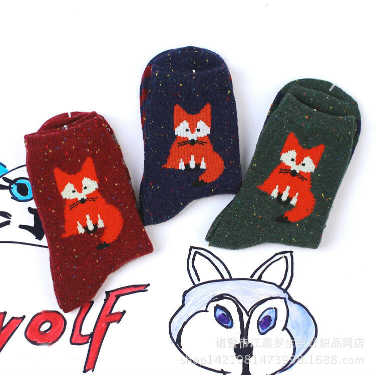 Calcetines cálidos de lana de conejo de hilo para mujer, medias de tubo medio con puntos de colores de animales de dibujos animados de gato y zorro, Invierno