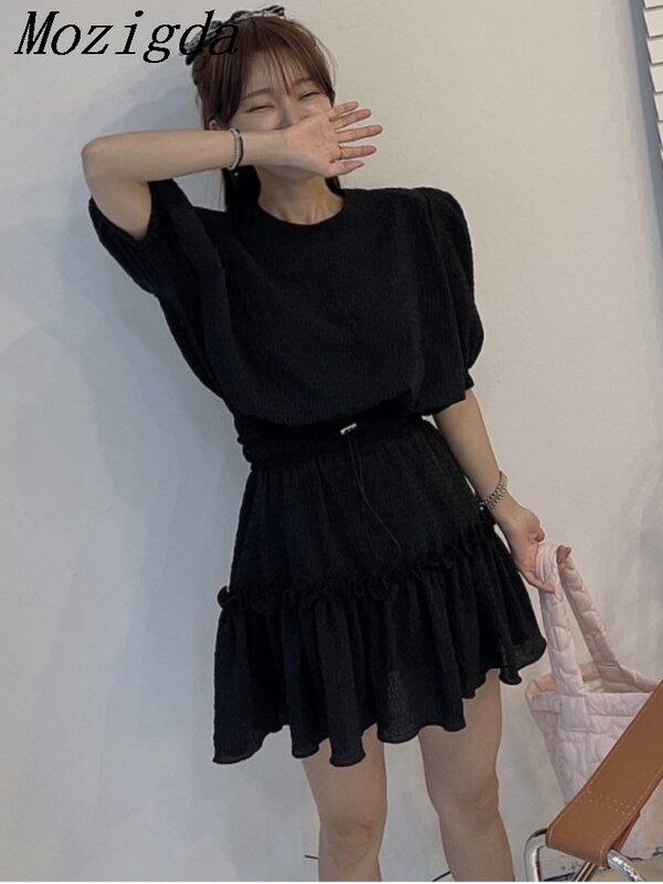 Two 2 Piece Set Summer Bubble Sleeves Short Top High Waist+Korean casual Ruffle ladies Skirts Suit