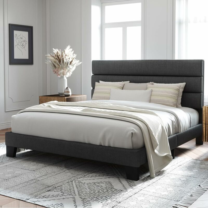 Allewie King Bed bingkai tempat tidur Platform dengan kain papan kepala berlapis kain dan dukungan bilah kayu, abu-abu gelap