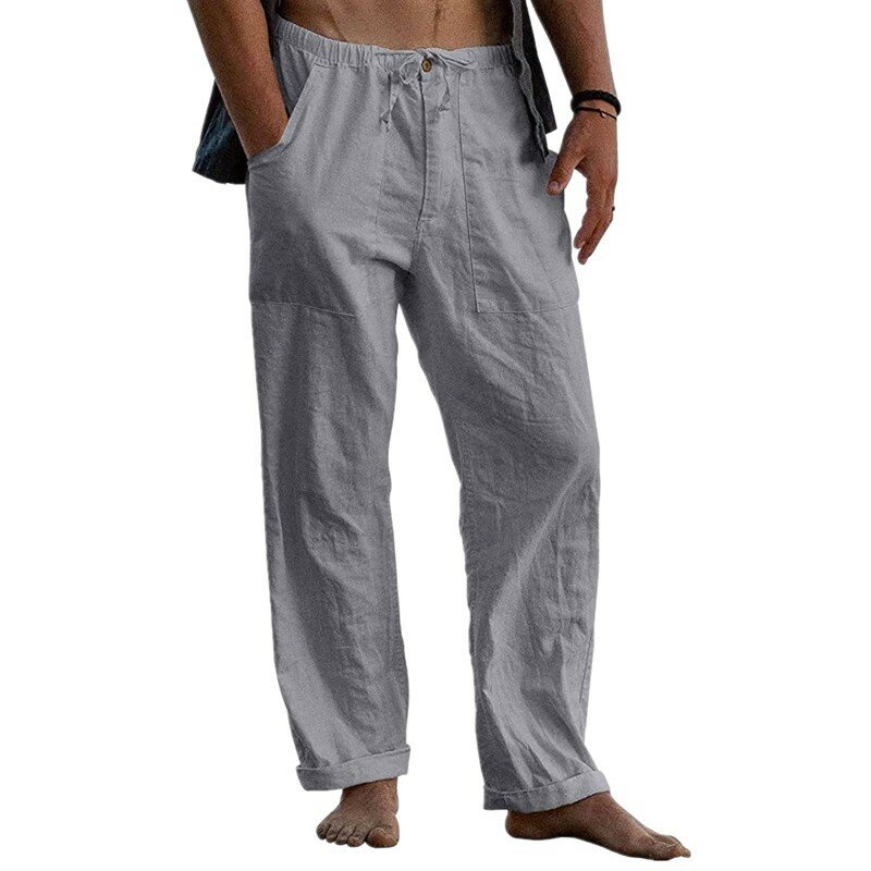 Pantalon de yoga en lin pour hommes, ample, décontracté, élastique, cordon audio, poche de ceinture, été, 2024