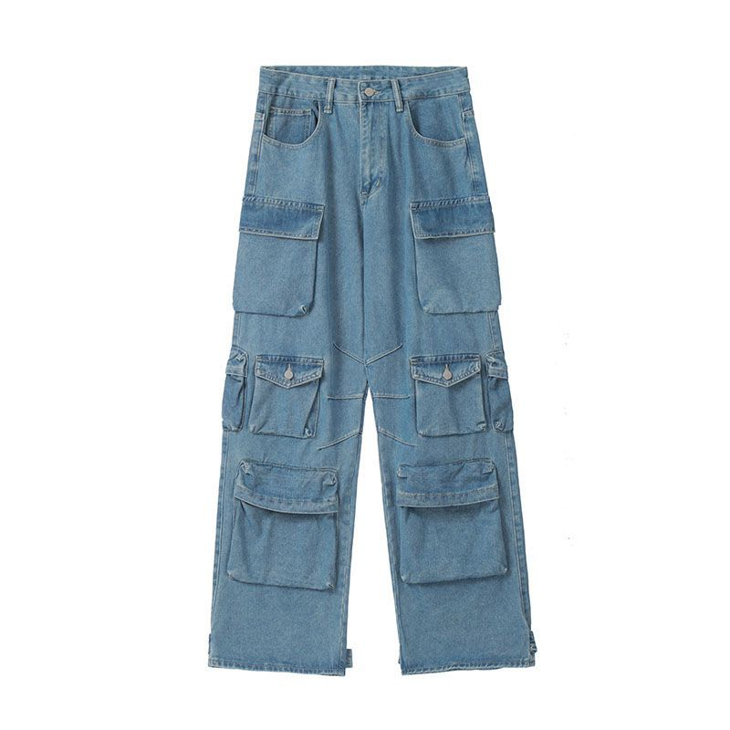 Jeans lavado azul de bolso múltiplo retrô feminino, calça de pernas largas, macacão de bolso, moda de rua, Harajuku, casual, cintura alta, casal