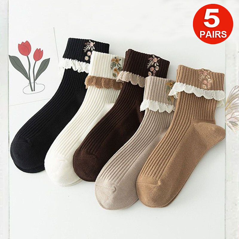 Lote de 5 pares de calcetines tobilleros para mujer, de encaje, bordado de flores con volantes, Vintage, primavera y otoño