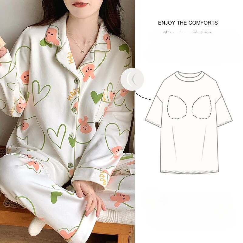 Женская весенне-осенняя Пижама 2024 с нагрудной подушечкой, хлопковая одежда для сна, свободная ночная рубашка с длинным рукавом и отложным воротником, Милая модель