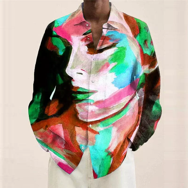 Мужская рубашка с длинным рукавом, Повседневная Уличная рубашка из мягкой ткани с лацканами и портретом граффити, весна-лето 2023