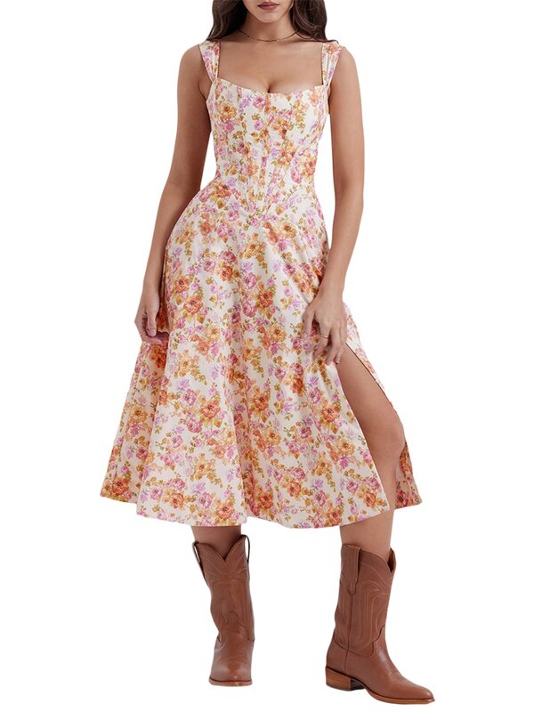 Springcmy-Vestido Midi Casual de Verão Feminino, Sem Mangas, Estampa Floral de Corte Baixo, Linha A Flowy, Vestido de Verão