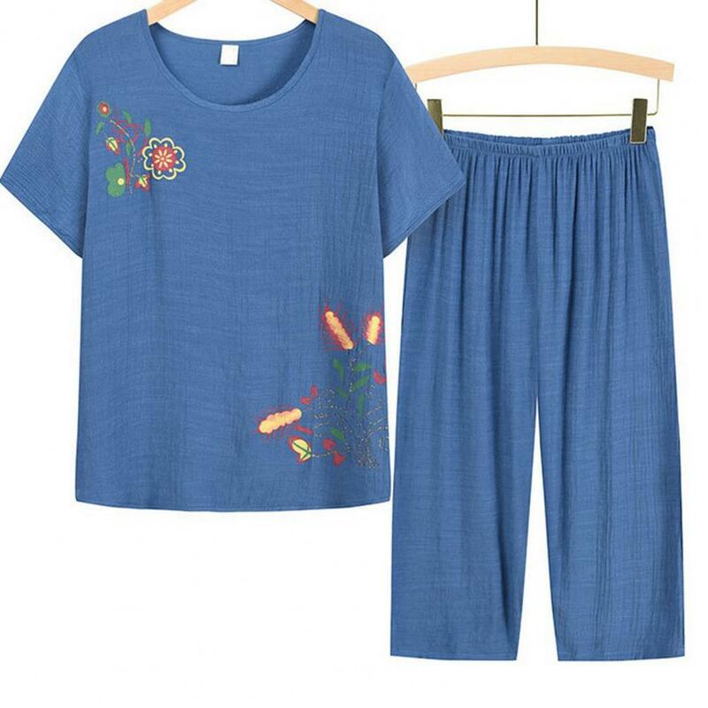 Pyjama imprimé floral pour femmes, ensemble de 2 pièces, manches courtes, col rond, taille élastique, pour maman d'âge moyen