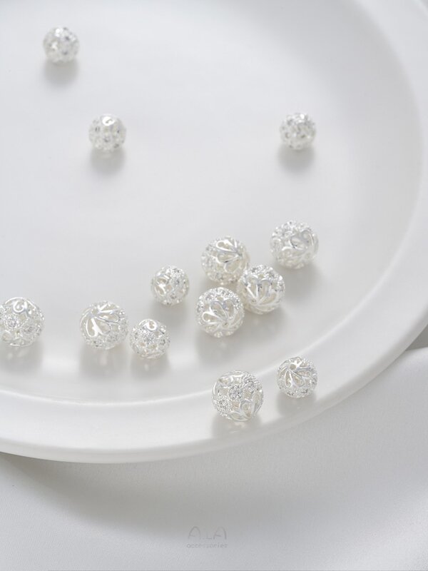 Palline di fiori cavi d'argento spesse intarsiate con palline rotonde di zirconi palline di diamanti perline di anguria accessori di perline fatti a mano fai da te