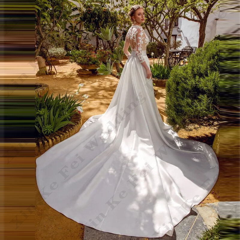Gaun pernikahan Satin putih elegan sederhana untuk wanita modis gaun pengantin Applique renda indah lengan panjang leher-v rendah seksi