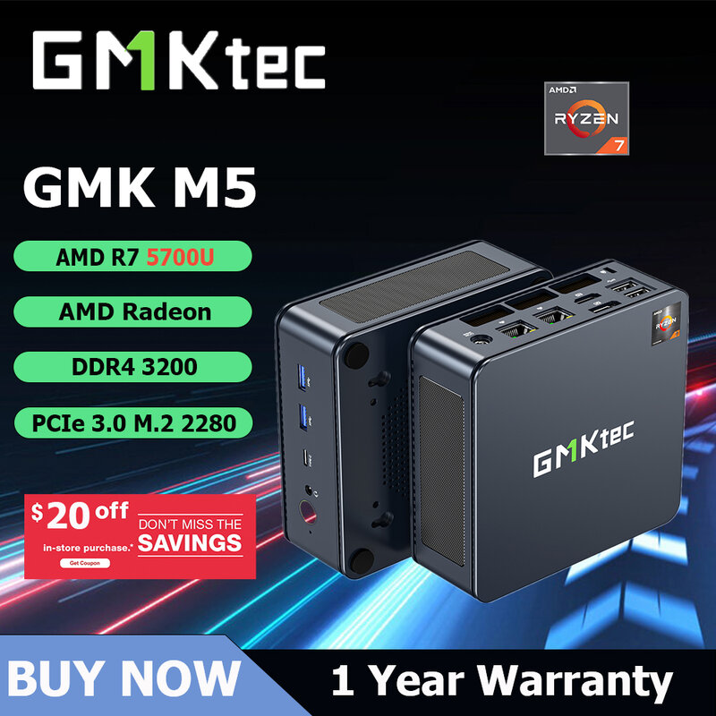 GMKtec-Mini PC Desktop, M5, AMD, R7, 5700U, 8 núcleos, 16 thread, 16 thread, 32GB, DDR4, 512GB, SSD de 1TB, vitória 11 Pro