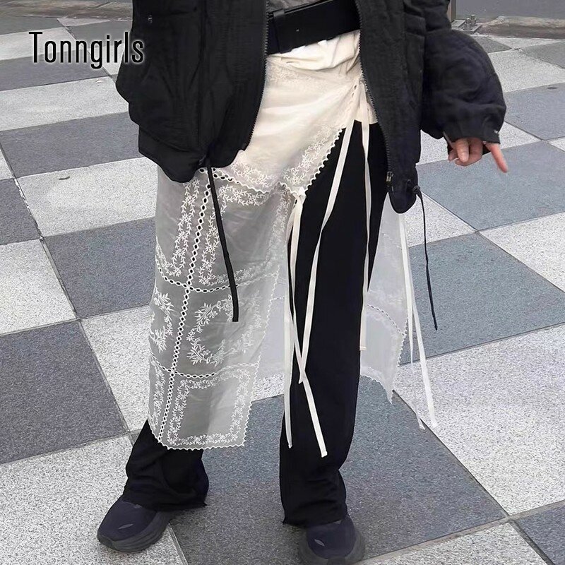 Tonngirls 여성용 한국 스타일 시스루 스커트, 레이스업 얇은 레이스 배치, Y2k 2000 년대 스트리트웨어 스커트, 불규칙한 스커트