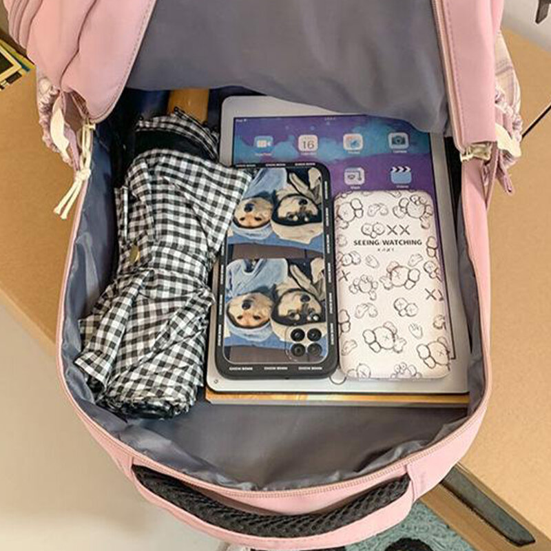 Mochila escolar de nailon con múltiples bolsillos para mujer, morral escolar impermeable para estudiantes, mochila Kawaii para ordenador portátil y libros
