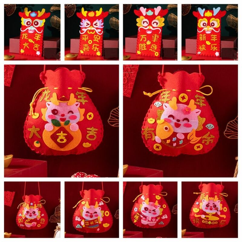 Chinese New Year DIY Lucky Bag Dragon Pattern Handmade Shoulder Bag With Hanging Rope Chinese Spring Festival Crafts Supplies