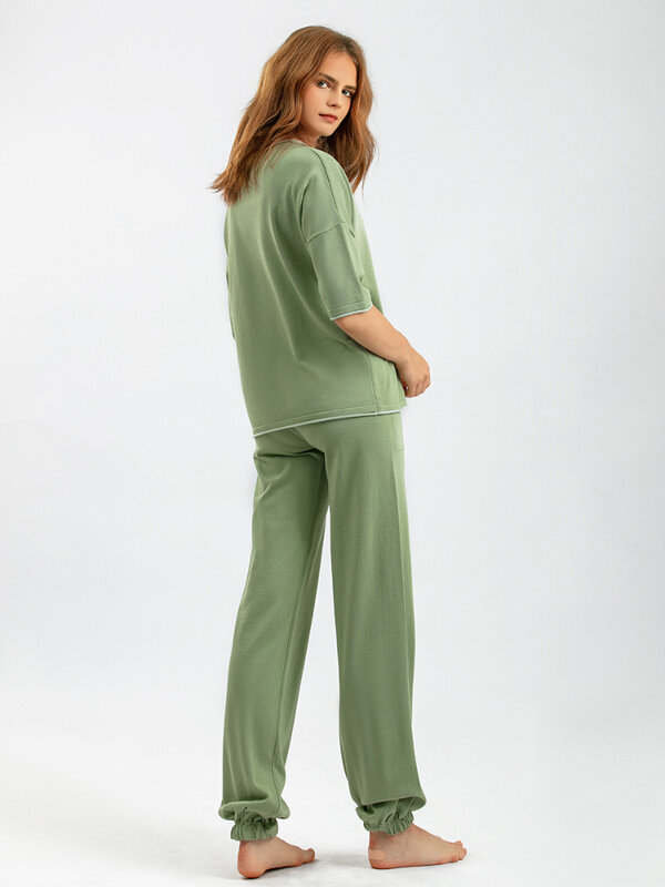 Camiseta de manga corta de punto para mujer, pantalones largos de cintura elástica, Jersey informal, pantalones de pierna ancha, conjunto de 2 piezas