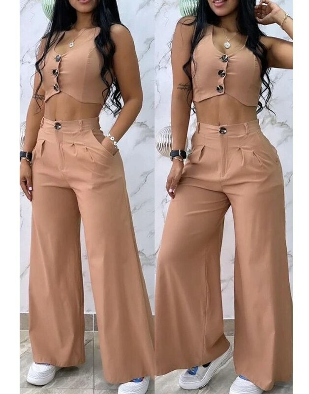 Women's New Casual 2024 Two Piece Set V-Neck Button Ribbed Short Tank Top and Wide Leg Pants Set