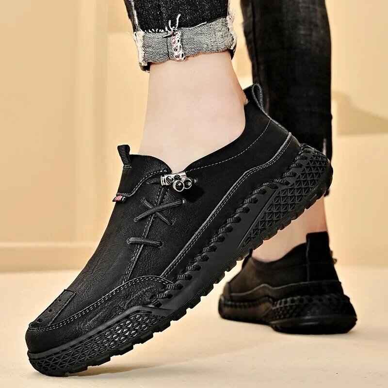 Genuine Leather Splicing Men Casual Shoes High Quality Outdoor Sneakers Breathable Men's Shoes Non-slip Flat Loafers Size 39-46