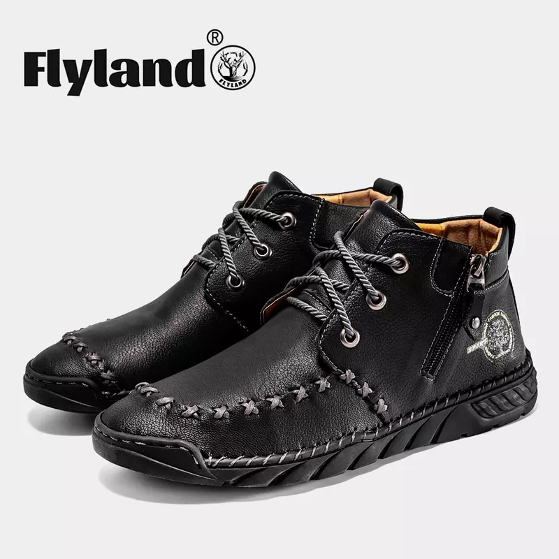 Flyland Hoge Kwaliteit Handgemaakte Heren Echt Leer Toevallige Laarzen Ademend Wandelschoenen Warme Laarzen Rijden Schoenen Plus Size 48