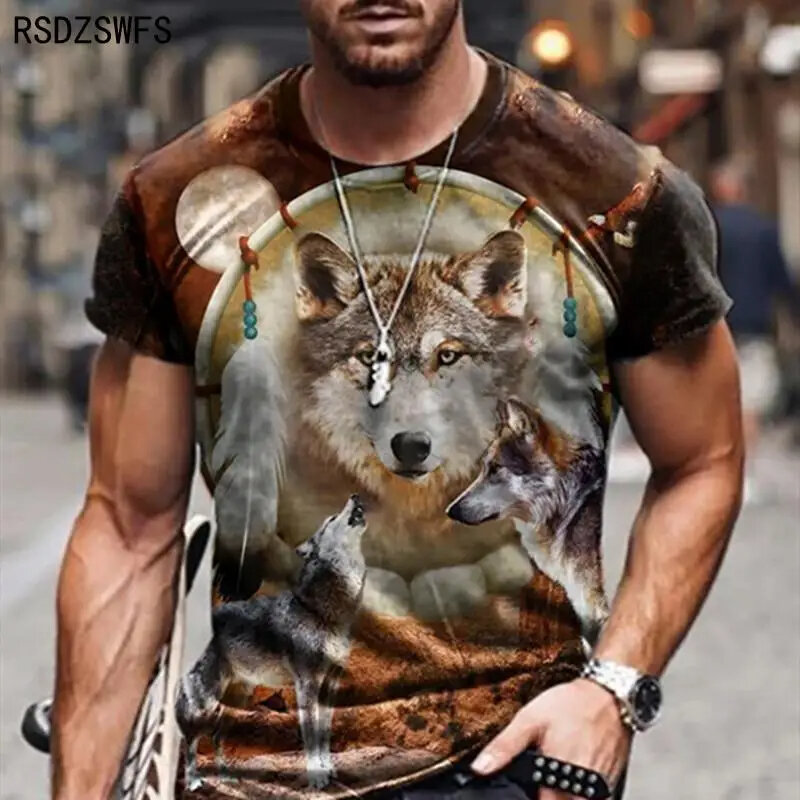 T-Shirt à Manches Courtes et Col Rond pour Homme, Haut à la Mode, Décontracté, Imprimé Loup, 3D, Marque 100-6