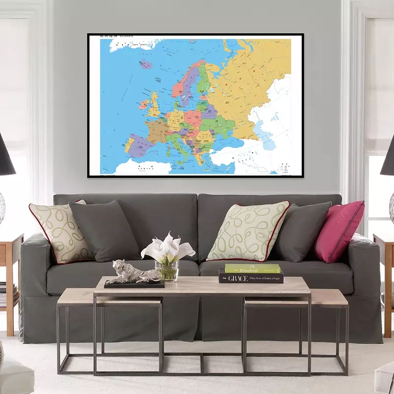 841*594Mm Peta Eropa Kanvas Tahan Air Tidak Berbau Peta Versi Horisontal untuk Perlengkapan Kantor Pendidikan Dekorasi Rumah