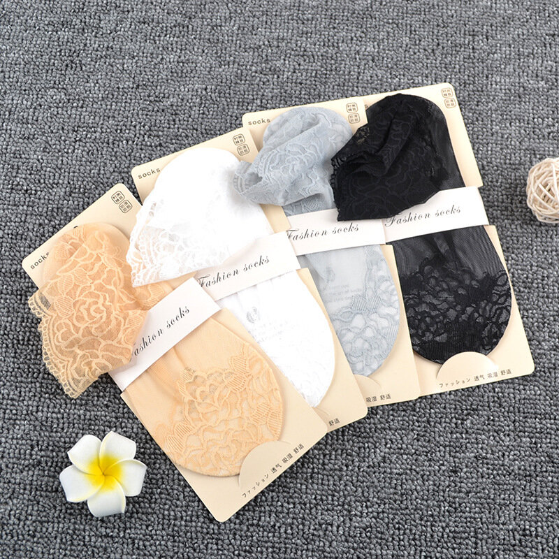 2023 Spring and Summer Lace Thin Section of Mid-calf Socks Lace Mesh Boat Socks Cotton Bottom Short Stockings Female