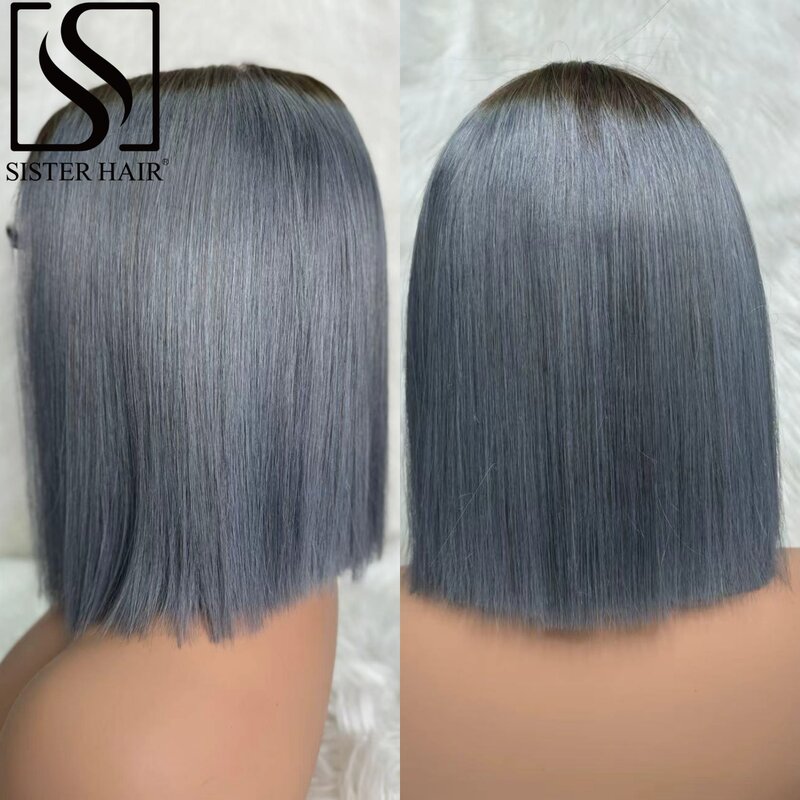 Peruca reta curta para mulheres, cabelo brasileiro pré-arrancado, densidade de 180%, perucas de cabelo humano, cor cinza, renda 2x6