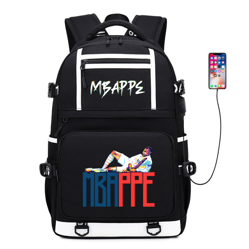 Mbappe-bolsa escolar informal con estampado de avatar para estudiantes, mochila negra juvenil, bolsa de viaje al aire libre