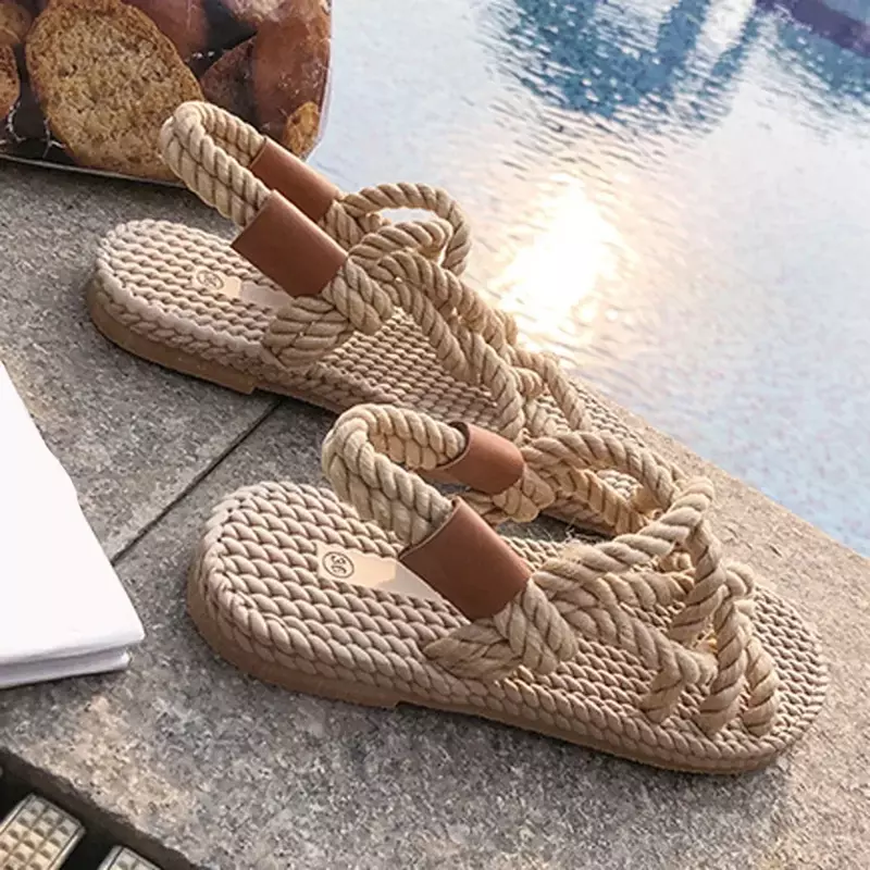 Sandalias de cuerda trenzada para mujer, zapatos con estilo informal tradicional y creatividad Simple, a la moda, novedad de verano