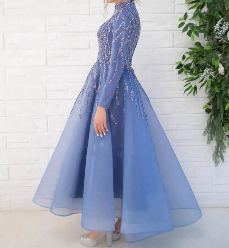Glitter Beaded Tulle Lace Evening Dresses 2024 For Bride Long Sleeve A Line Tea Length Robes De Soirée Custom Vestidos De Fiesta