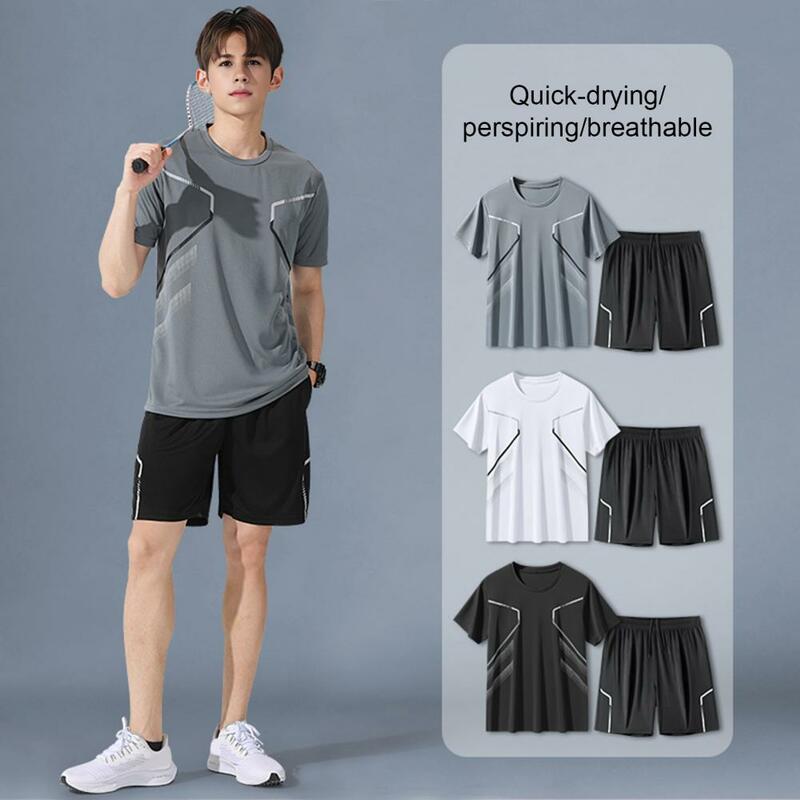 Удобный спортивный комплект, мужская повседневная спортивная одежда, комплект с футболкой с круглым вырезом и шортами с широкими штанинами, с рисунком в полоску