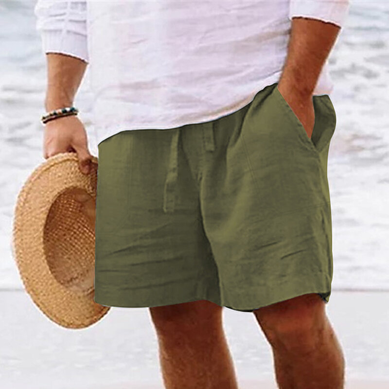Men's summer cotton and linen shorts with drawstring elastic waist, straight legs, solid color, breathable daily beach capris