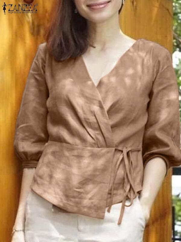 Женская летняя блузка ZANZEA с V-образным вырезом и рукавом 3/4, элегантная Однотонная рубашка, винтажные офисные топы, праздничные блузы, Повседневная Свободная хлопковая рубашка