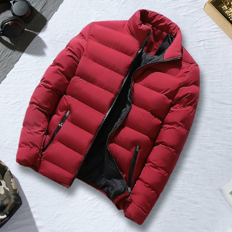 Men Winter Coat Padded Thick Zipper Closure Stand Collar Long Sleeve Warm Jacket